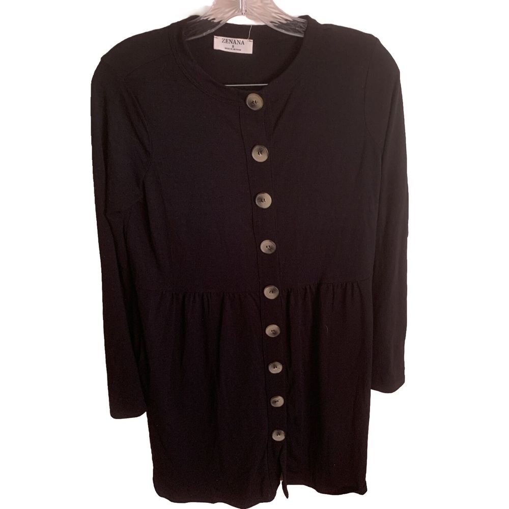 Zenana Women Size S Small LS Black Shirred Waist Button Cardigan RC-2052AB